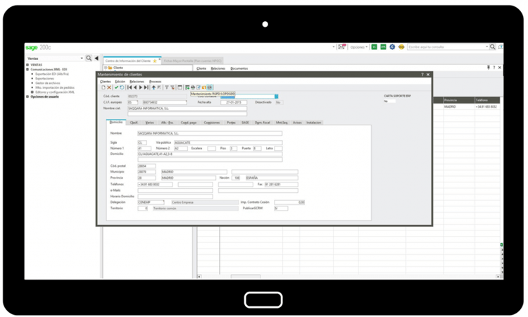Vista ficha cliente en Sage 200 con módulo RGPD Ready tablet