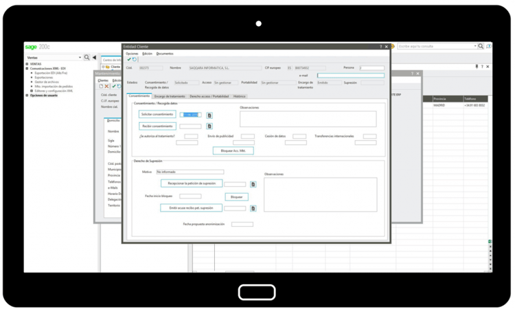 Vista módulo RGPD en Sage 200 para la solicitud y control del consentimiento tablet en Saqqara Informatica